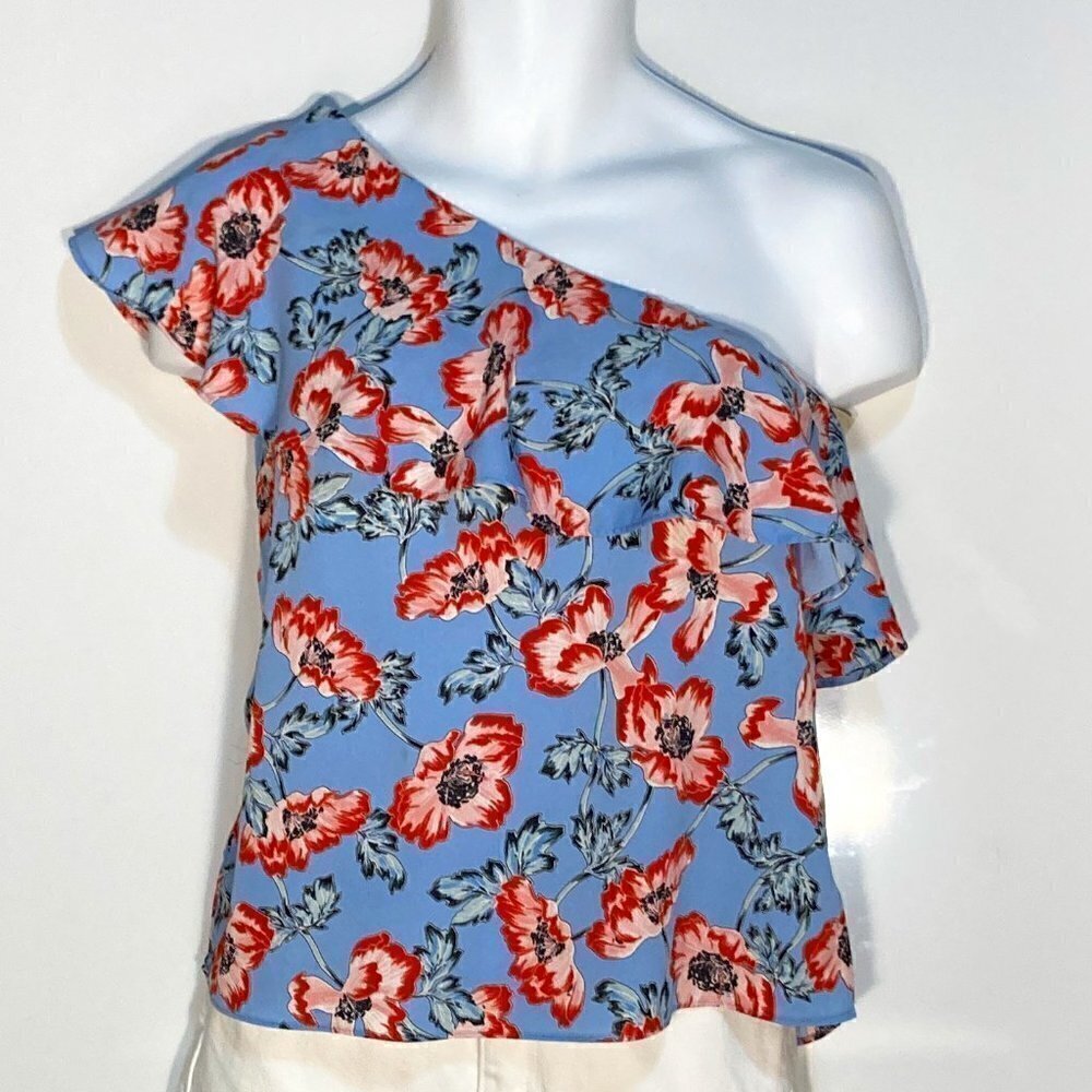 C&E SZ S Blue and red floral one shoulder top with ruffle detail